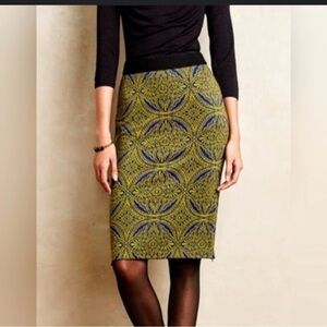 Anthropologie Olive and Navy Patterned Pencil Skirt